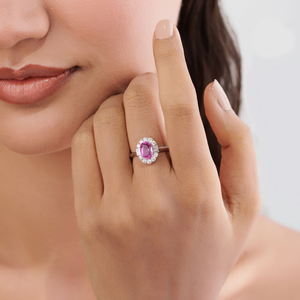 Bague de fiançailles luxueuse en saphir rose fin et halo de diamants, faite à la main en or blanc 18 carats, bijoux personnalisés, best-seller - Product Image 2