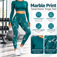 Ensemble de yoga 2 pièces pour femme : Leggings taille haute et crop top à col rond et manches longues, imprimé, en Spandex et Polyester, anti-transpiration
