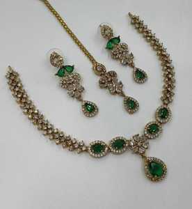 Elegant High Quality <b>Gold</b> Plated Bridal Shadow Choker <b>Set</b> Earrings Maang Tikka Flower Design Rhodium Plated Zircon Wedding - Product Image 1