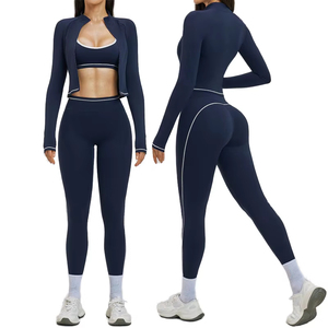 Women's Solid 3-Piece Seamless Breathable Yoga Set <b>Zip</b>-<b>Up</b> Crop Jacket Sports Bra High-Waist Leggings Front Logo Four-Way Stretch - Product Image 2