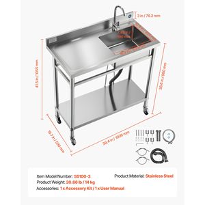 Lavello Commerciale in Acciaio Inossidabile per Cucina con Vasca Scorrevole e Rubinetto Acqua Calda/Fredda su Ruote - Product Image 3