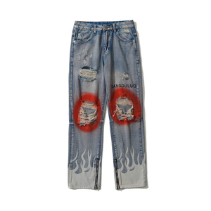 Jeans de Diseñador para Hombre BEST ROCK INTERNATIONAL, Estilo Hip Hop Pop con Estampado de Llamas, Corte Recto, 100% Algodón, Transpirables, Cintura Media, Verano, Personalizados - Product Image 1