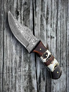Cuchillo de caza hecho a mano con hoja de acero de Damasco, mango de palisandro y funda de cuero, cuchillo para exteriores. - Product Image 6