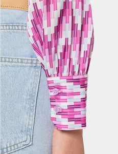 Chemisier à col noué pour femme, rose, motif géométrique tissé, anti-plis, écologique, à manches longues - Product Image 4