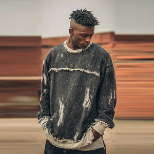 Sweat-shirts Homme Hiver Épais 480-500 g/m² Effet Vieilli Col Rond Épaules Tombantes Lavage Distressed - Product Image 1