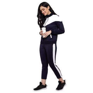 <b>Women's</b> <b>Navy</b> White Color Block Sporty Tracksuit Set Full Sleeve Knitted Joggers With Side Stripe Regular Fit All Seasons - Product Image 1