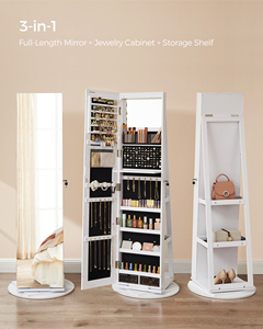 Miroir sur pied moderne en bois massif avec armoire de présentation de bijoux, design rotatif à 360 degrés verrouillable pour salon et chambre à coucher - Product Image 2