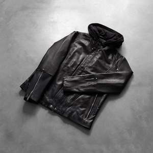 <b>Men's</b> Black Genuine <b>Leather</b> Moto <b>Jacket</b> Hooded Zipper Closure Regular Sleeve Solid Color Autumn Style - Product Image 4