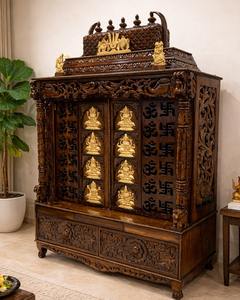Templo Moderno de Madera de Teca Marrón Oscuro con Acabado Pulido, Pooja Mandir con Cajones, Templo Personalizado con Campanas a Precio de Fábrica - Product Image 5