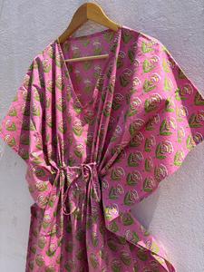 Women's Floral Print 100% Cotton Maxi <b>Kaftan</b> Dress V Neck Batwing Sleeves Drawstring Eco-Friendly <b>Beach</b> Cover-Up Resort Lounge - Product Image 5