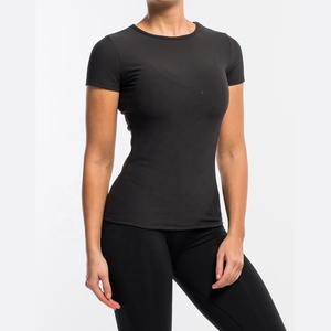 Camiseta de Punto para Mujer, Cuello Redondo, Manga Corta, Color Azul Marino Sólido, Corte Ajustado, Transpirable, para Todas las Temporadas, Ropa Casual, Camiseta de Gimnasio - Product Image 4