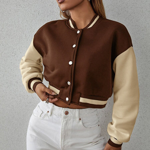Custom Logo Women's <b>Quilted</b> Cotton Lining Cropped Varsity Bomber Jacket Button up Wool Blend Streetwear - Product Image 1