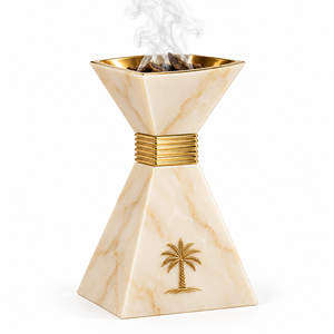 Luxury Arabic Wood Bakhoor Burner Eco-Friendly Aromatherapy <b>Marble</b> Look Finish Golden Bowl Decorative Date Palm <b>Tree</b> Design - Product Image 1