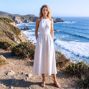 Robe en lin à col halter sans manches, robe maxi d'été avec poches latérales, vêtements décontractés grande taille - Product Image 1