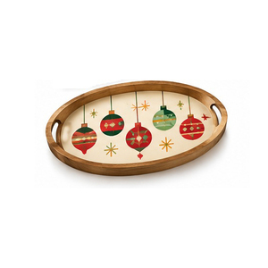 <b>Wooden</b> Serving <b>Tray</b> With Christmas Pattern Painted Finish Handle Residential Use - Product Image 4
