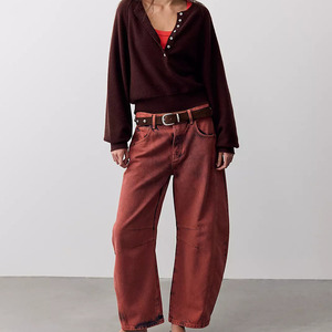 Custom Logo Women's Henley Neck Long Sleeve Knitted <b>Cardigan</b> Solid <b>Burgundy</b> Color Button Closure Casual Autumn Knitted Sweaters - Product Image 3