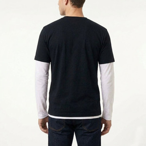 Men's Black Short Sleeve <b>T</b>-<b>Shirt</b> With <b>White</b> Long Sleeve Layer O-Neck Regular <b>Fit</b> Casual Knitted 100% Cotton Contrast Trim Tee - Product Image 5