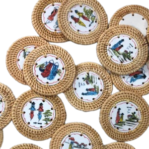 Assiette en céramique en rotin tressé naturel, fabriquée à la main au Vietnam, écologique, TUYET DUNG FAD4, style floral classique, décoration de vacances, cadeau - Product Image 3