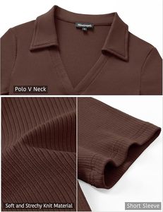 Polo de Manga Corta para Mujer, Color Marrón, Cuello en V, Tejido de Punto, Estilo Oficina, Largo Regular - Product Image 4
