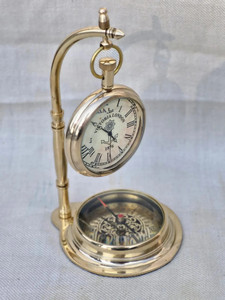Shiny Polished Brass Mechanical <b>Desk</b> <b>Clock</b> Compass Vintage Antique Nautical Design Hourly Chiming Silent Operation for Home - Product Image 2