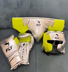 Fly Boxing <b>Gloves</b> Head Guard Groin Guard Genuine Leather Lace-Up Custom Logo Silver Yellow Lightweight Breathable Sparring Gear - Product Image 2