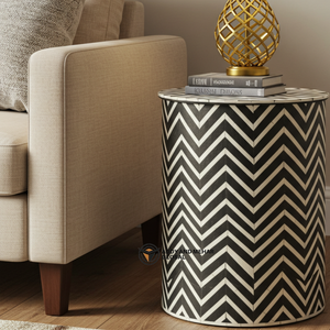 Handcrafted Modern Eco-Friendly Black & <b>White</b> Bone Inlay Nightstand with 2 Drawers Floral Pattern Round <b>Bedside</b> Cabinet - Product Image 4