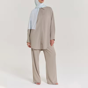 Chemise décontractée beige en crêpe pour femme grande taille, pantalon large en molleton polyester/coton respirant, tenue décontractée OEM islamique et modeste - Product Image 5