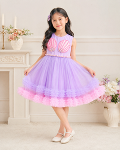 Vestido de Fiesta de Tul hasta la Rodilla para Niñas, Diseño de Princesa Sirena, Apliques de Conchas de Perla, Sin Mangas, ODM para Niños |   Boutique para Ocasiones de Cumpleaños - Product Image 4