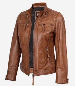 Chaqueta de cuero genuino para mujer, estilo motero vintage, de piel de oveja encerada, con hombros acolchados, estilo Cafe Racer, corte ajustado, para mujer - Product Image 4