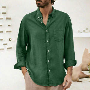 Chemise décontractée pour homme en lin et coton satiné tricoté respirant, anti-plis, à col rabattu, manches longues, boutonnage simple, couleur unie, idéale pour l'été - Product Image 3