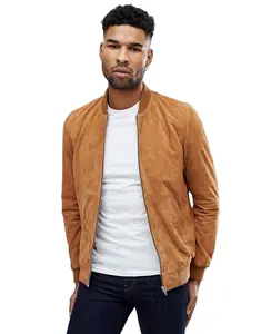 Wholesale Long Sleeve Black Motorcycle Mens Real Breathable Nubuck Suede Bomber Jacket In Tan Men