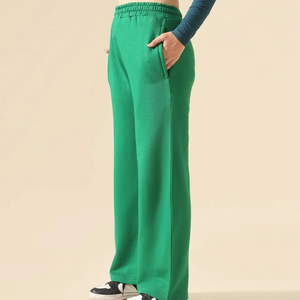 Pantalon large en molleton vert pour femme, taille haute élastique, coupe ample, longueur intégrale, couleur unie, avec poches, pour l'automne - Product Image 3