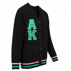 Cardigan rayé noir, vert et rose, style preppy, pull en tricot boutonné pour femme - Product Image 3