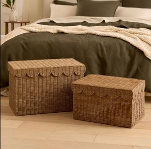 Hand Woven PP Rope Simple Eco-Friendly <b>Storage</b> <b>Basket</b> Set Scalloped Cover <b>Rectangular</b> Organizer for Bedroom Bathroom Kitchen - Product Image 1