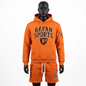 Conjunto de Sudadera con Capucha y Pantalones Cortos para Hombre, Algodón, Poliéster, Felpa, Tejido Transpirable y Suave, Color Naranja, Logotipo Personalizado Impreso - Product Image 4