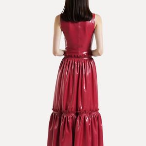 <b>Red</b> PU Leather Midi <b>Dress</b> With Ruffle Hem Square Neck Sleeveless A-Line Party Wear Sexy Style - Product Image 2