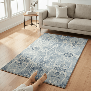 Alfombra de Área de Seda y Lana Anudada a Mano, Alfombra Azul Abstracta de Lujo para Decoración Moderna de Sala de Estar - Product Image 1