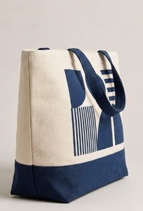 Geometric Print Blue Jute Canvas Tote <b>Bag</b> Eco Friendly Large Capacity Women Shoulder Handbag Reusable <b>Navy</b> Block Shopping - Product Image 3