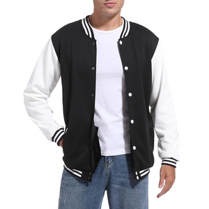 Men's Black Varsity Jacket With White Sleeves <b>Button</b> Closure Turn-down Collar Casual Style Autumn Wear - Product Image 2