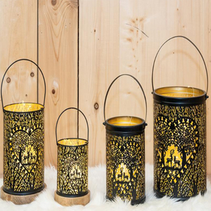 <b>Set</b> of 2 black metal <b>lanterns</b> with hearts design Golden finish inside Large Metal Handle Votive Holders - Product Image 2