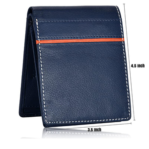 Portefeuille homme 2026 en cuir véritable, fin, à double pli, anti-RFID, imperméable, bleu foncé à rayures orange, design minimaliste, fermeture ouverte - Product Image 2