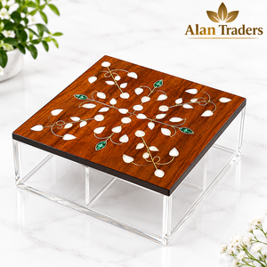 Boîte en bois et acrylique Alan Traders avec motif de feuille incrusté, conteneur de rangement décoratif de luxe, cadeau décoratif exquis pour l'Aïd - Product Image 1