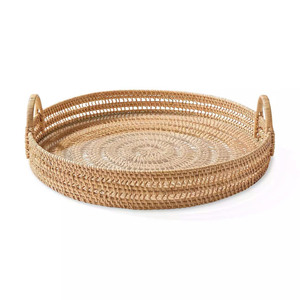 Plateau de service rond en rotin sophistiqué avec poignées, plateau décoratif pour aliments, plat à café naturel pour la cuisine, support à collations pour table basse - Product Image 1