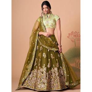 Espléndido Espejo Verde Oliva Red De Trabajo Lehenga Choli Con Dupatta - Product Image 2