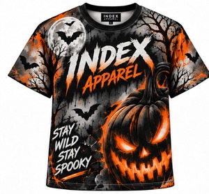 Camiseta de Manga Corta con Estampado de Calabaza y Murciélago de Halloween para Hombre, Corte Regular, Cuello Redondo, Tejido de Punto, 100% Poliéster, Marca Index Apparel - Product Image 1