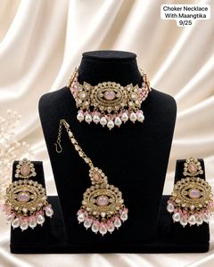 Traditional Imitation <b>Pearl</b> Gold Plated Alloy <b>Jewelry</b> <b>Set</b> Choker Necklace and Earring <b>Set</b> Red Stone Wedding Party Wear - Product Image 2