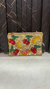 Bolso de mano de tela con cuentas y motivos de frutas, con apliques coloridos y cierre de cremallera, detalles decorativos para mujer - Product Image 2