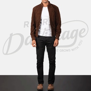 Handcrafted Cocoa Goat <b>Suede</b> Bomber with Minimalist Rib-Knit Collar Wholesale Velvety Soft-Touch <b>Men's</b> Luxury Top - Product Image 5