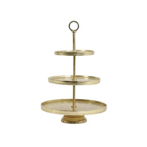 Support à gâteau à 3 niveaux en métal doré, plateau de présentation rond en laiton martelé pour cupcakes et desserts, avec poignée annulaire - Product Image 1