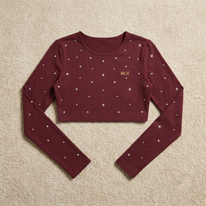 <b>Rhinestone</b> Embellished Solid Color Casual Blouse Cotton Knitted Baby Tee women's shirt Premium Long Sleeve <b>Cropped</b> Fitted <b>Top</b> - Product Image 3